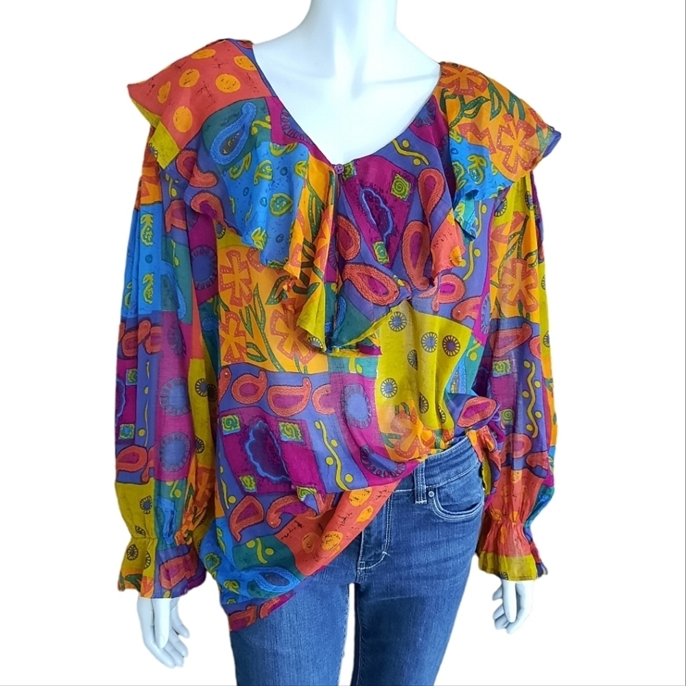 VINTAGE 90s Top Size XL Unworn Colorful Abstract Cotton Gauze Ruffle Collar